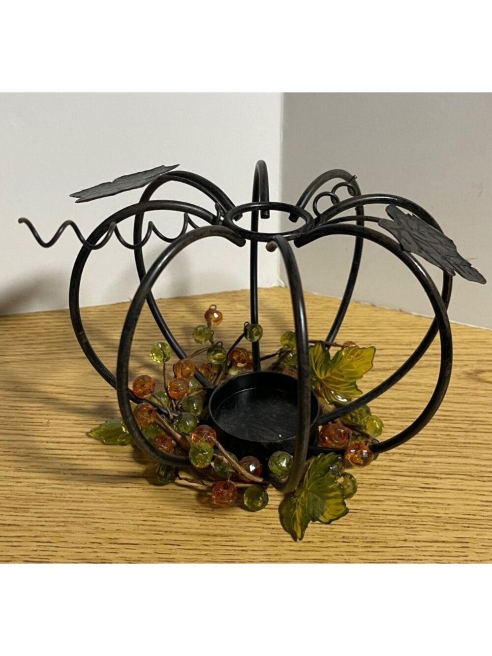 Black Metal Pumpkin Candle Holder With Beaded Leaves & Berries Fall Décor